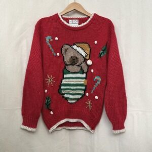 Heidi Knitted By Hand Christmas Novelty 3D Sweater Teddy Bear Womens L Red Vtg